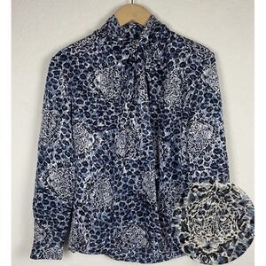 Vtg Size 10 Leopard Print Blouse Cat Jungle Blue Career High Neck Elegant 90s